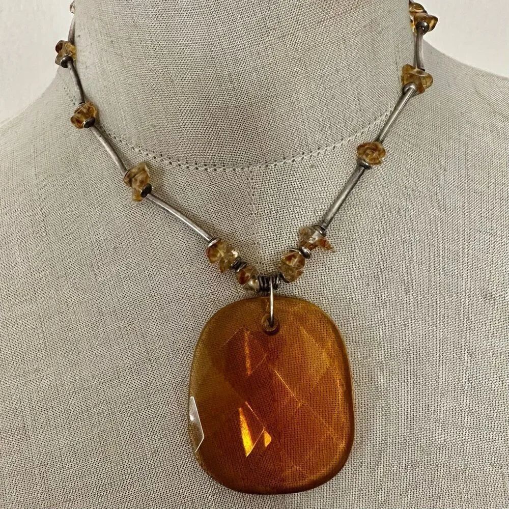 Sterling Silver Modernist Necklace with Amber Glass Pendant & Citrine Chips